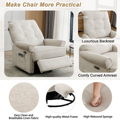 Beige Swivel Recliner with USB Ports & Rocking Base