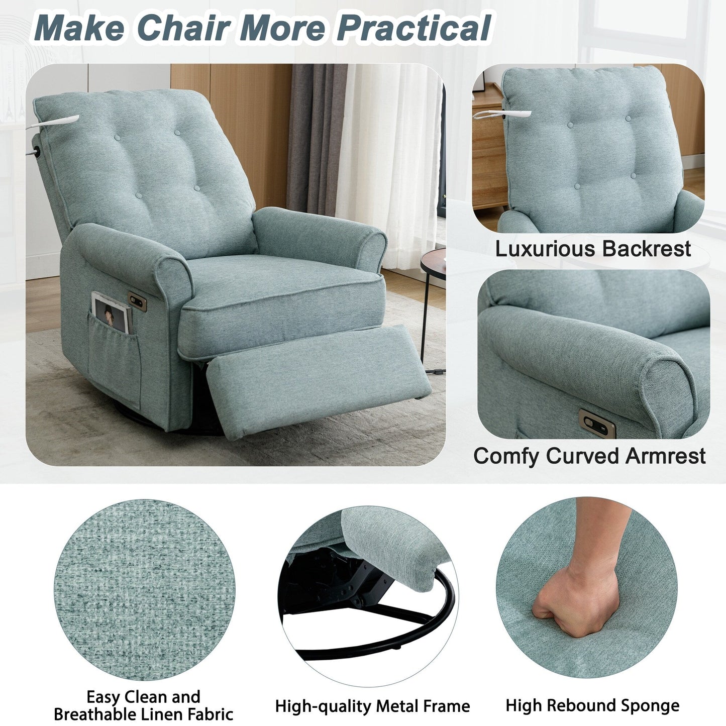 Beige Swivel Recliner with USB Ports & Rocking Base