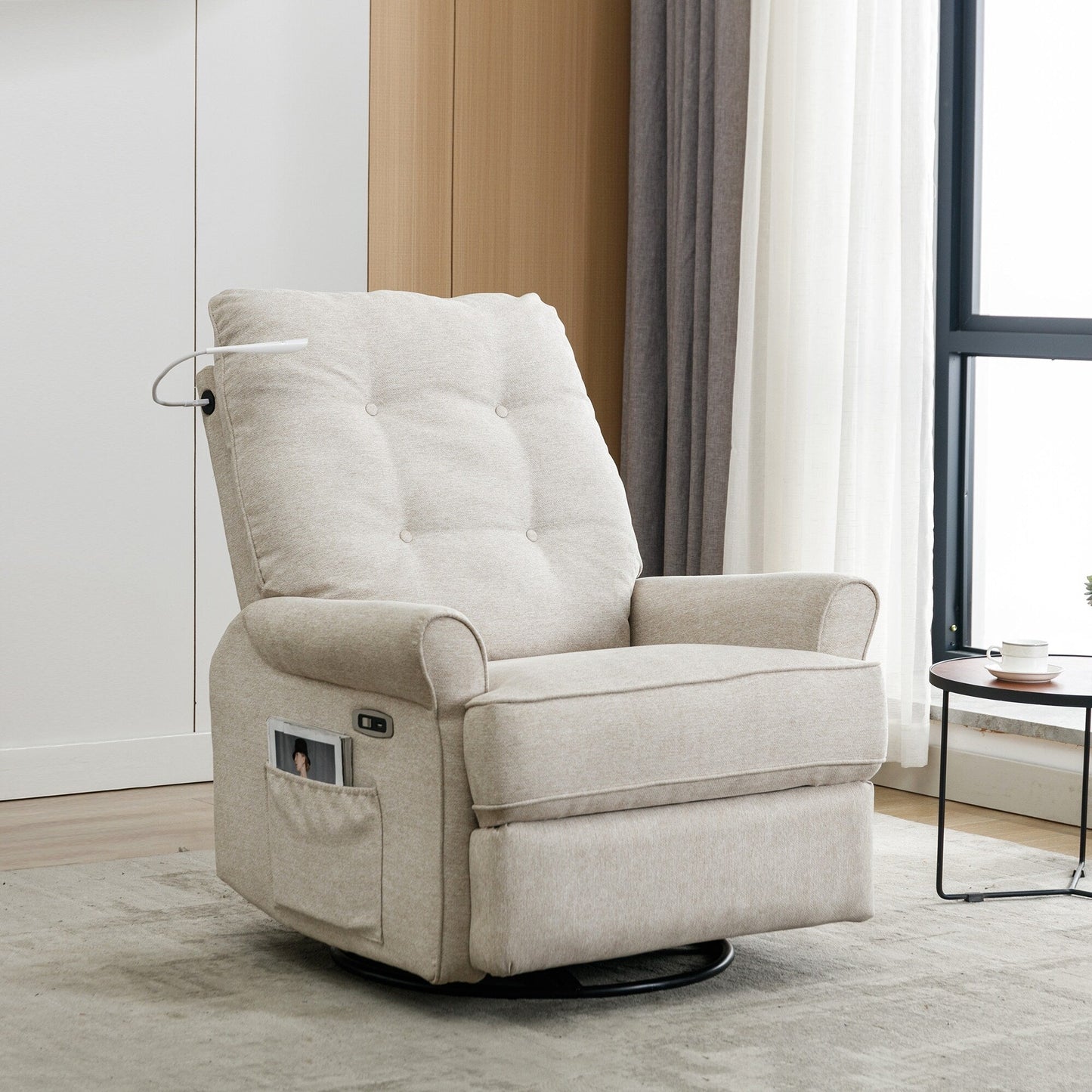 Beige Swivel Recliner with USB Ports & Rocking Base