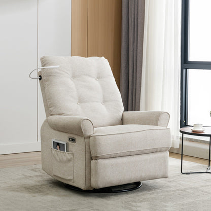 Beige Swivel Recliner with USB Ports & Rocking Base