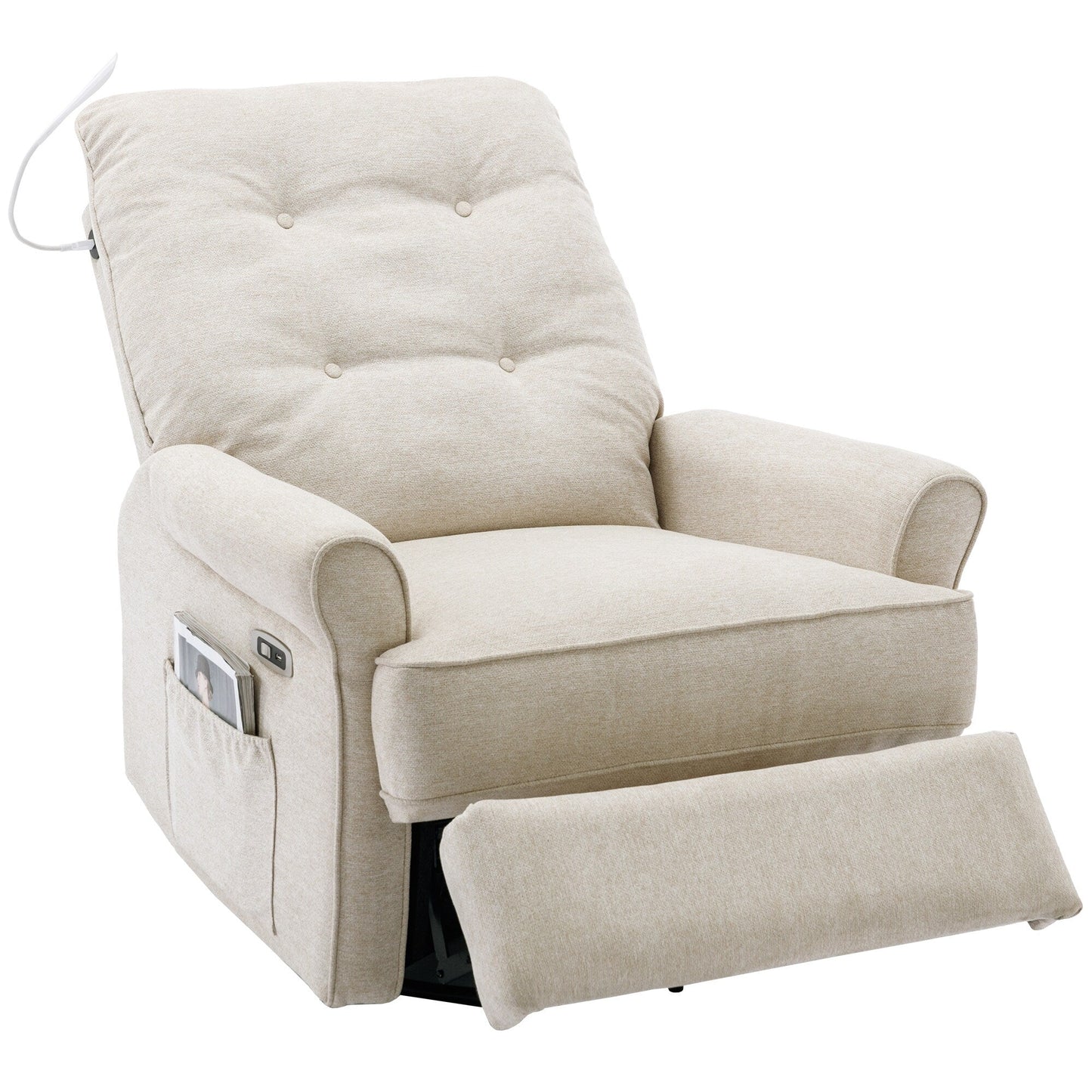 Beige Swivel Recliner with USB Ports & Rocking Base