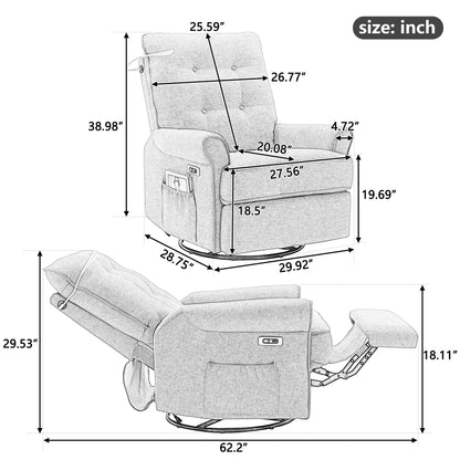 Beige Swivel Recliner with USB Ports & Rocking Base