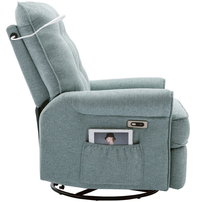 Beige Swivel Recliner with USB Ports & Rocking Base