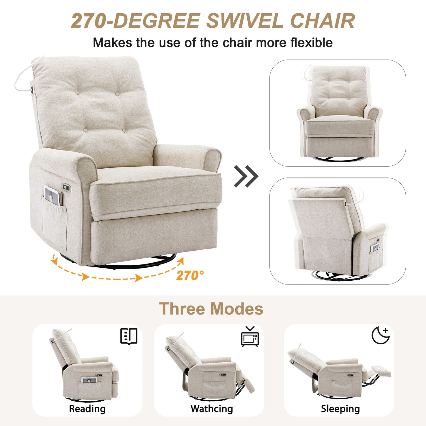 Beige Swivel Recliner with USB Ports & Rocking Base