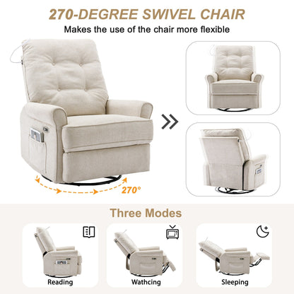Beige Swivel Recliner with USB Ports & Rocking Base