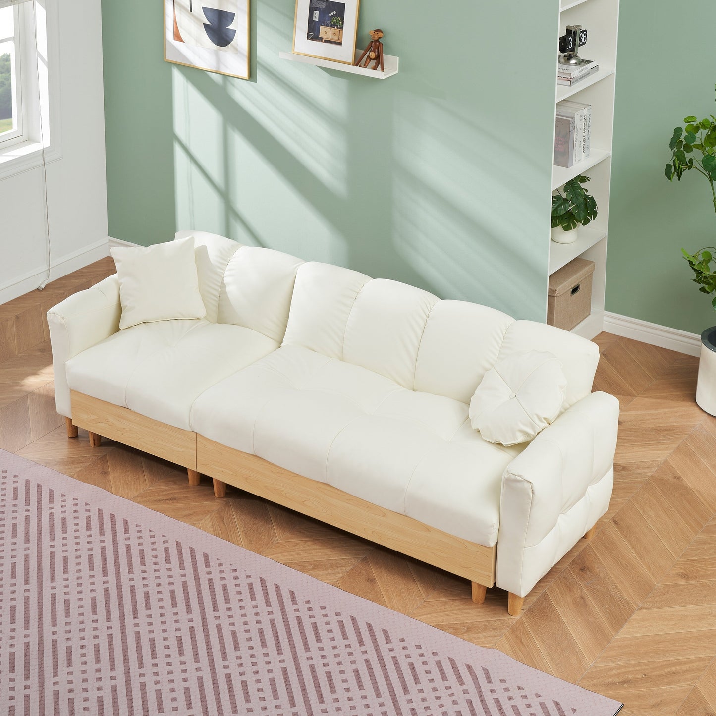 Beige Tech cloth Modern 84.64 Upholstered 3-seater Sofa Bed with Pillows, Storage Seat, and Drawer