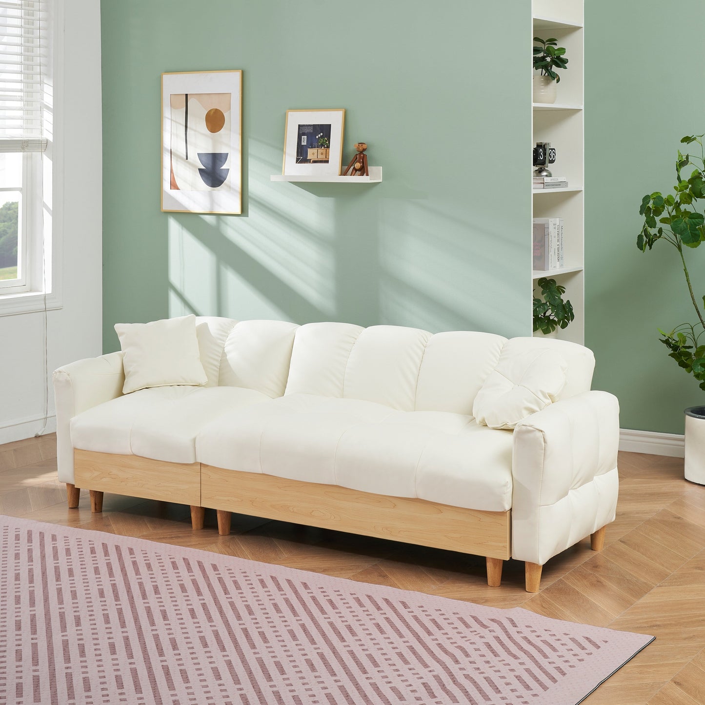 Beige Tech cloth Modern 84.64 Upholstered 3-seater Sofa Bed with Pillows, Storage Seat, and Drawer