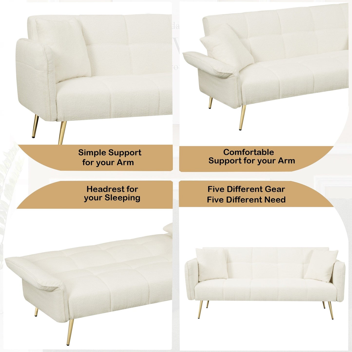Beige Teddy Fleece Convertible Futon Sofa Bed