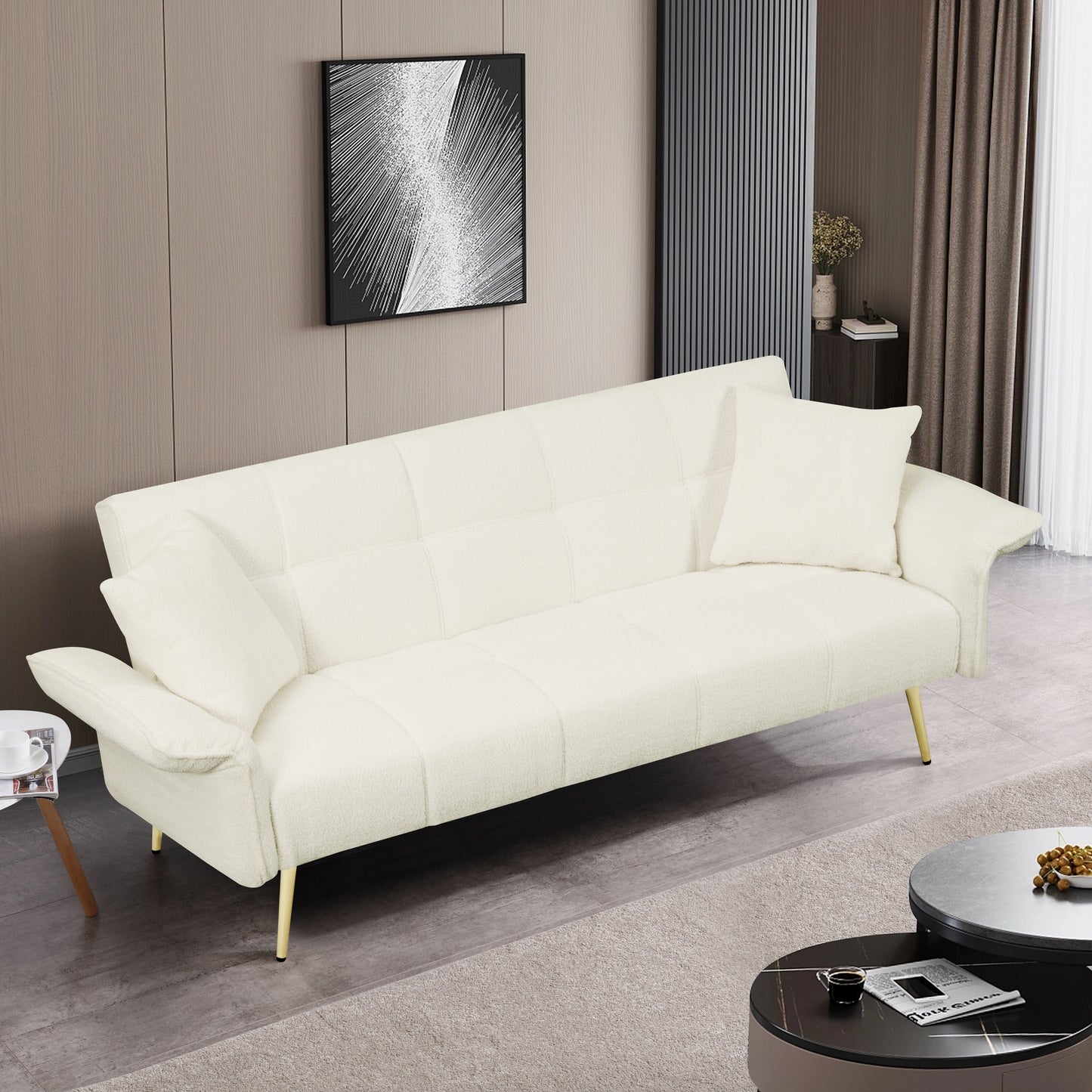 Beige Teddy Fleece Convertible Futon Sofa Bed