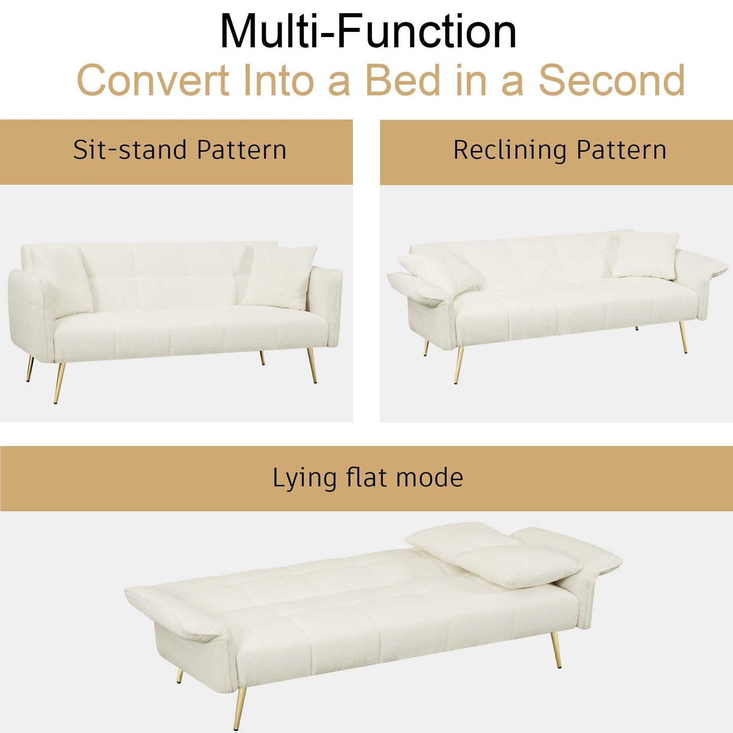 Beige Teddy Fleece Convertible Futon Sofa Bed
