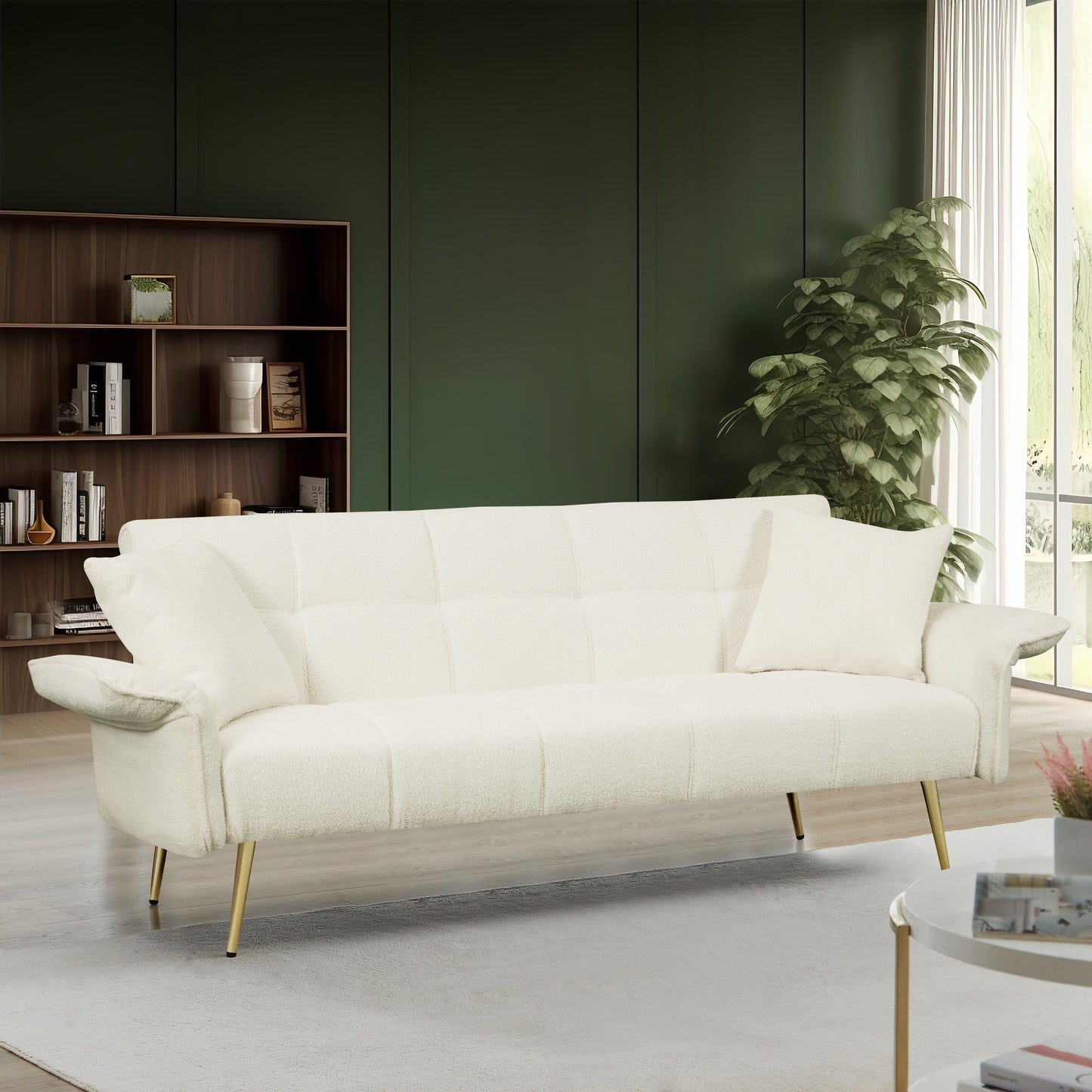 Beige Teddy Fleece Convertible Futon Sofa Bed