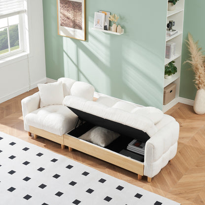 Beige Teddy Modern 84.64 Upholstered 3-seater Sofa Bed with Pillows, Storage Seat, and Drawer