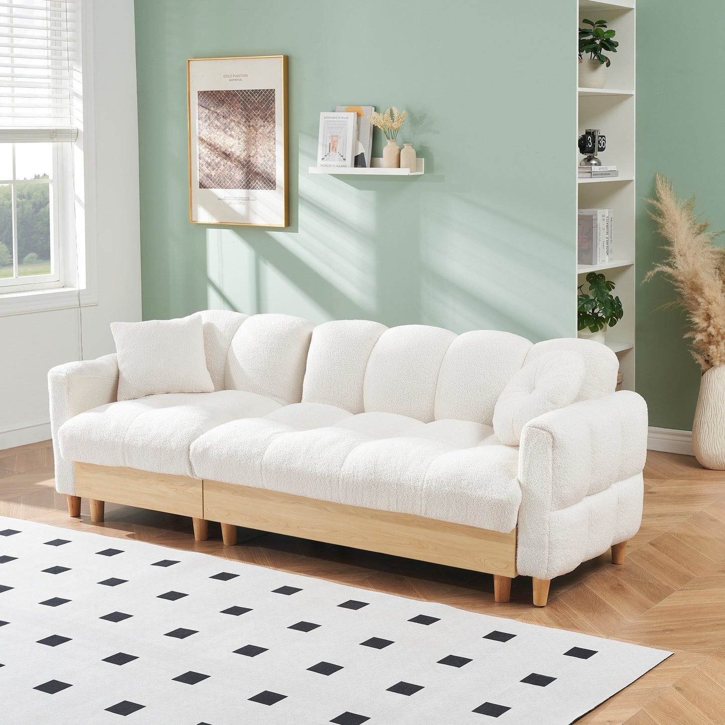 Beige Teddy Modern 84.64 Upholstered 3-seater Sofa Bed with Pillows, Storage Seat, and Drawer
