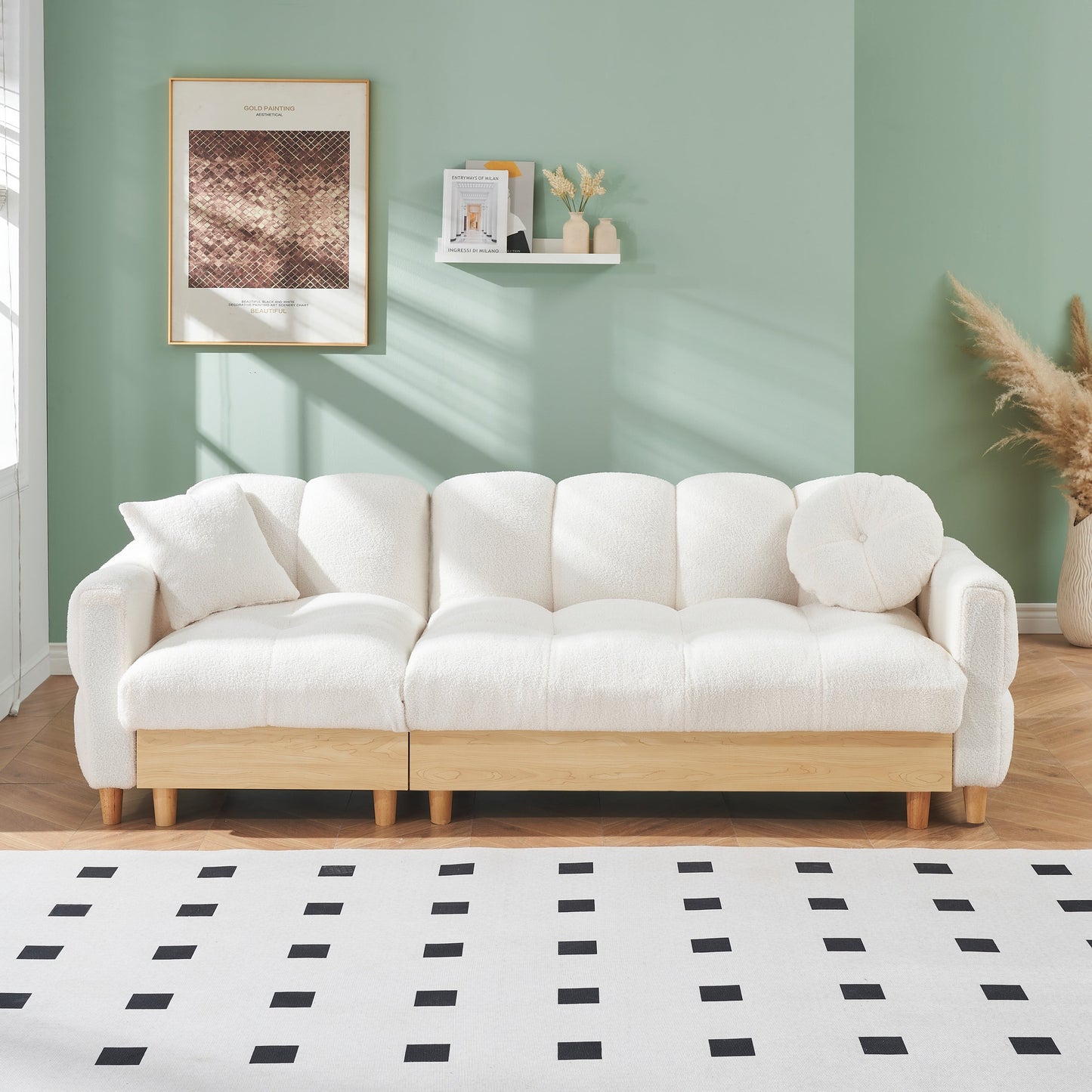 Beige Teddy Upholstered 3-seater Sofa Bed with Storage and Drawer