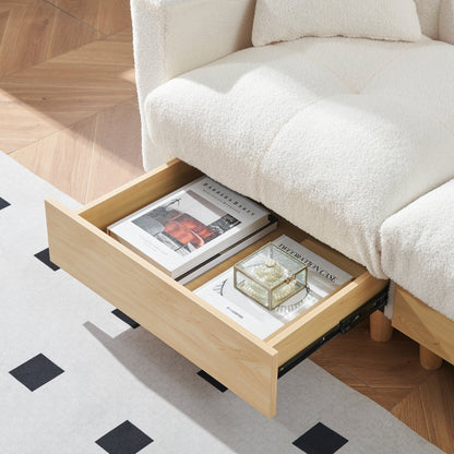 Beige Teddy Upholstered 3-seater Sofa Bed with Storage and Drawer