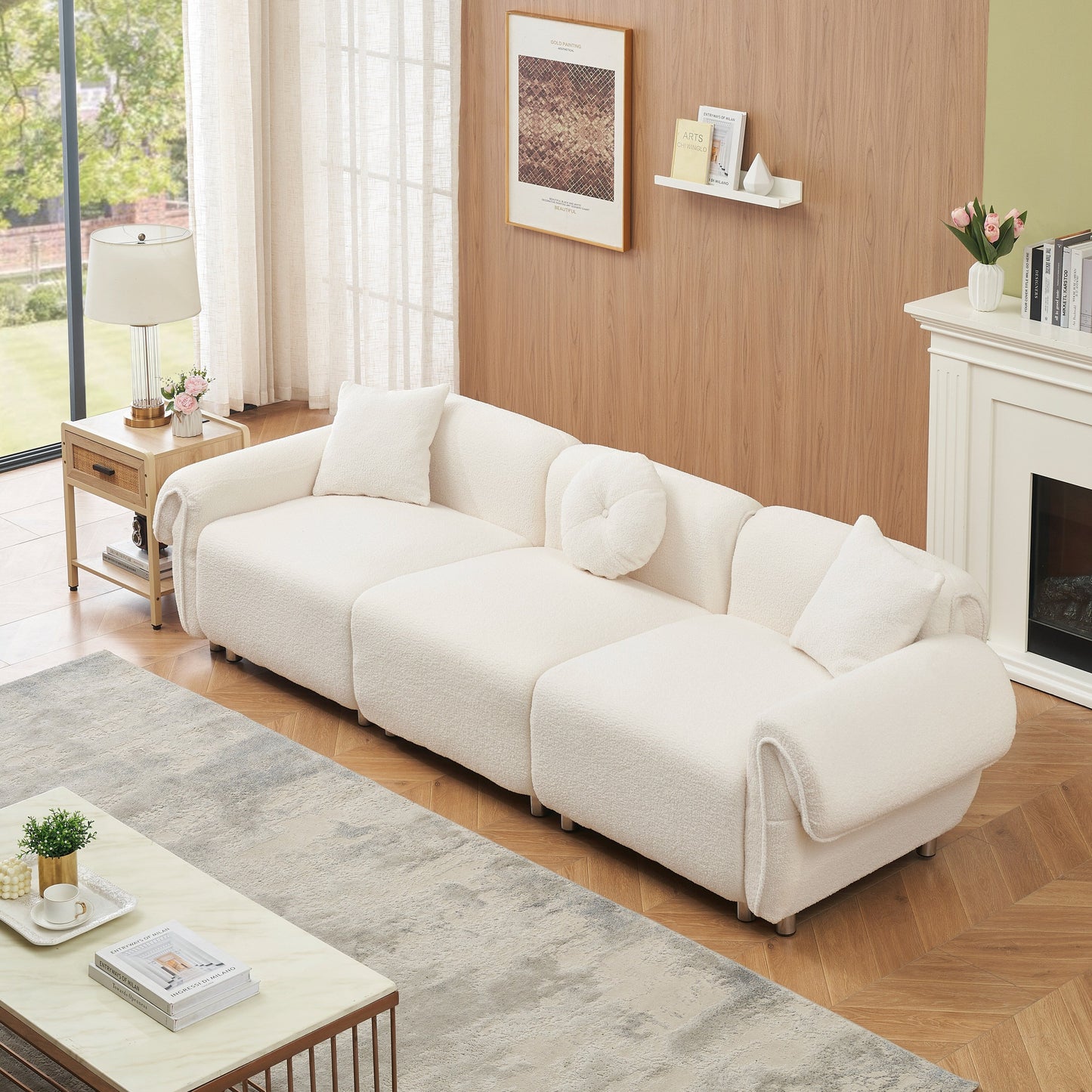 Beige Teddy Velvet 3-seater Sofa with Pillows
