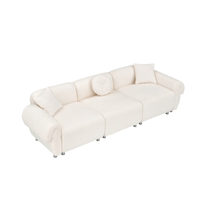 Beige Teddy Velvet 3-seater Sofa with Pillows