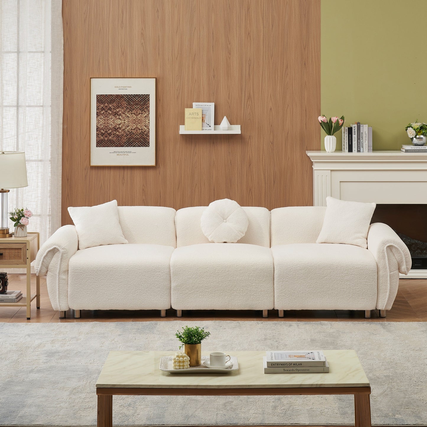Beige Teddy Velvet 3-seater Sofa with Pillows