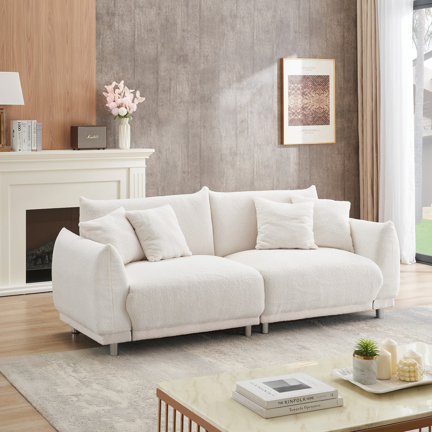 Beige Teddy Wool Loveseat Sofa with Four Pillows