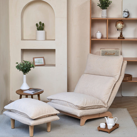 Beige Upholstered Armless Manual Lazy Recliner Set with Ottoman, Adjustable Headrest and Backrest, 180Â° Flat Lay