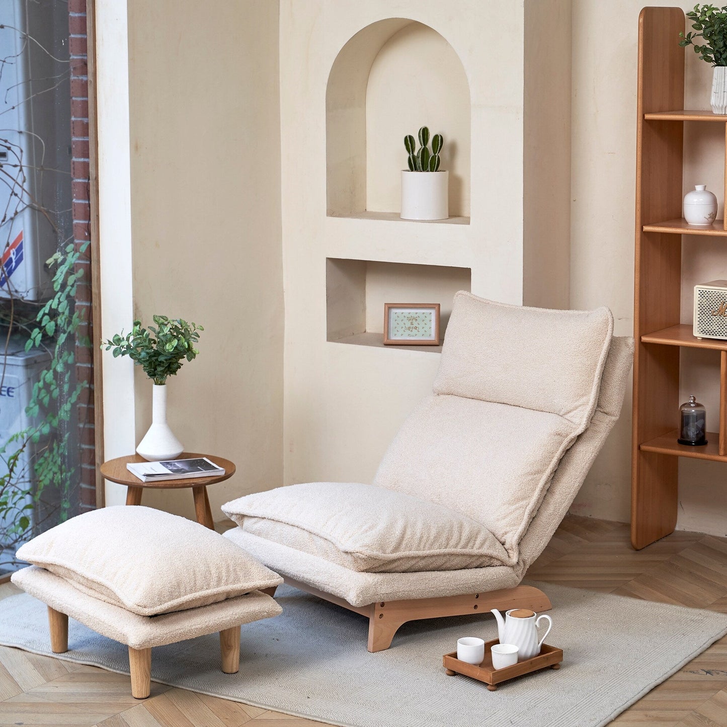 Beige Upholstered Armless Manual Lazy Recliner Set with Ottoman, Adjustable Headrest and Backrest, 180Â° Flat Lay