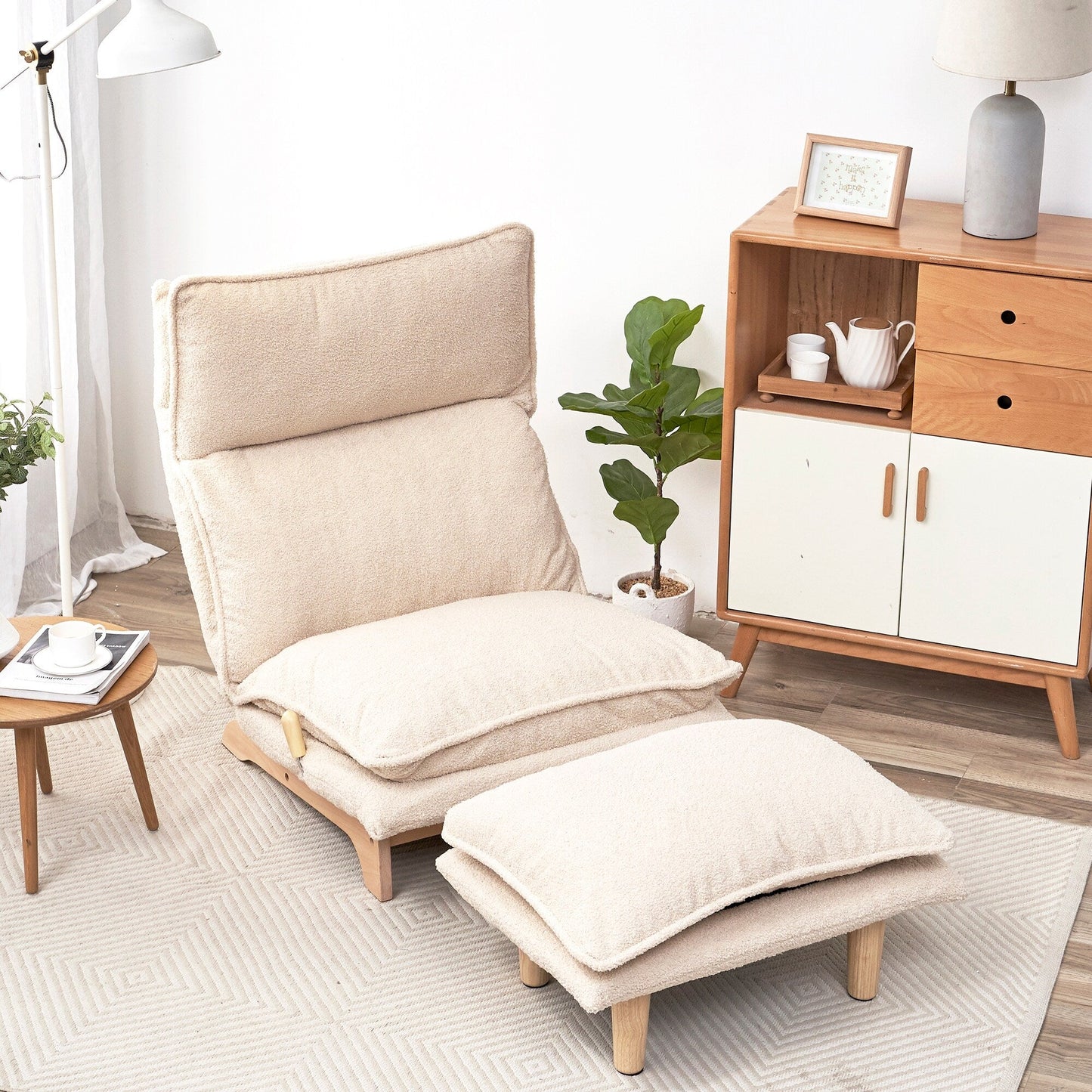 Beige Upholstered Armless Manual Lazy Recliner Set with Ottoman, Adjustable Headrest and Backrest, 180Â° Flat Lay