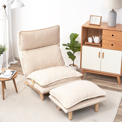 Beige Upholstered Armless Manual Lazy Recliner Set with Ottoman, Adjustable Headrest and Backrest, 180Â° Flat Lay