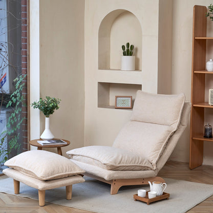 Beige Upholstered Armless Manual Lazy Recliner Set with Ottoman, Adjustable Headrest and Backrest, 180Â° Flat Lay