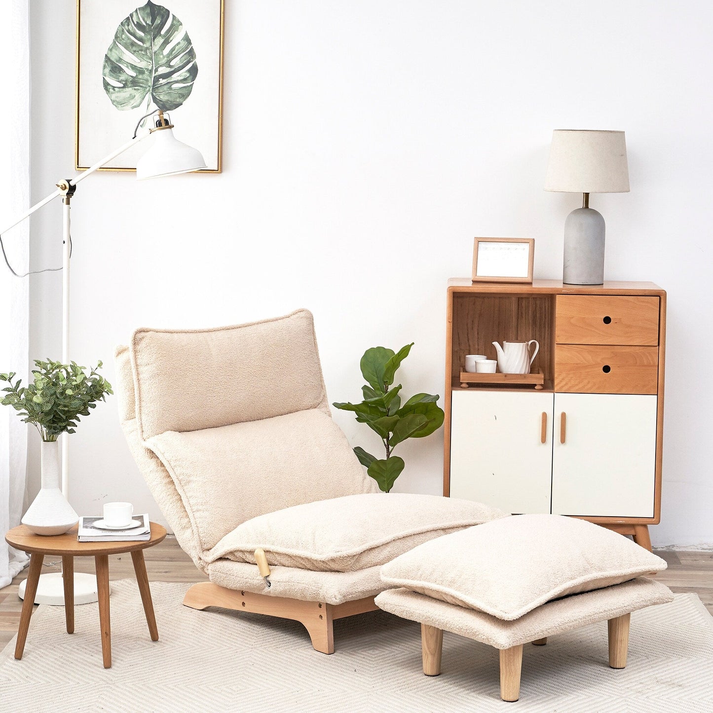 Beige Upholstered Armless Manual Lazy Recliner Set with Ottoman, Adjustable Headrest and Backrest, 180Â° Flat Lay