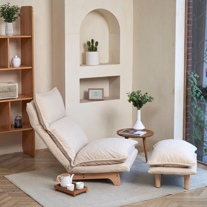 Beige Upholstered Armless Manual Lazy Recliner Set with Ottoman, Adjustable Headrest and Backrest, 180Â° Flat Lay