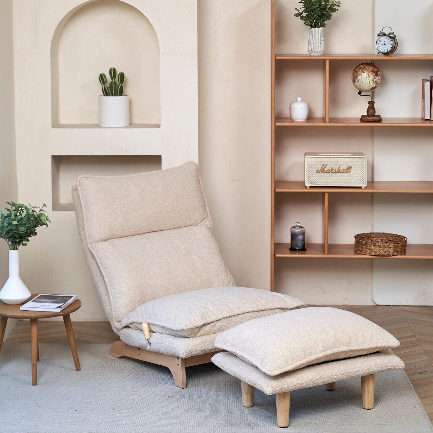 Beige Upholstered Armless Manual Lazy Recliner Set with Ottoman, Adjustable Headrest and Backrest, 180Â° Flat Lay