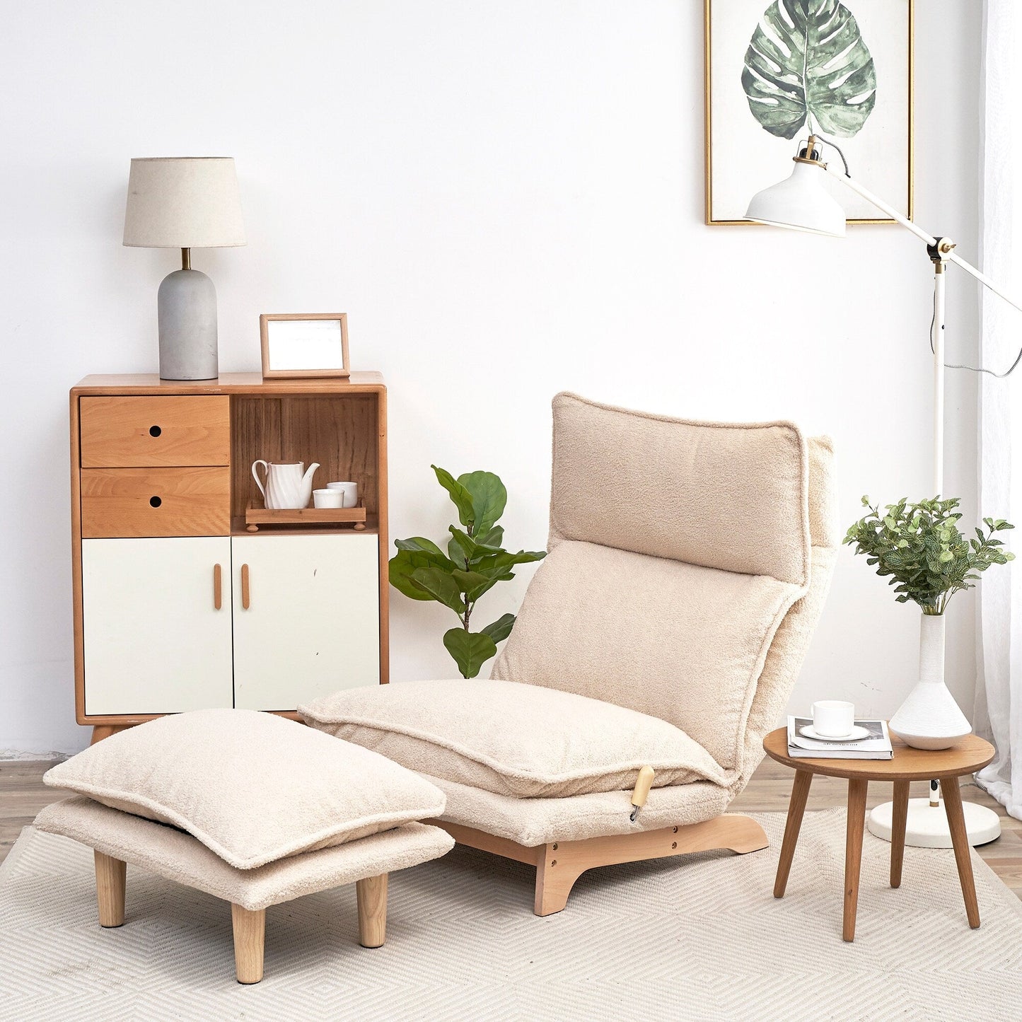 Beige Upholstered Armless Manual Lazy Recliner Set with Ottoman, Adjustable Headrest and Backrest, 180Â° Flat Lay