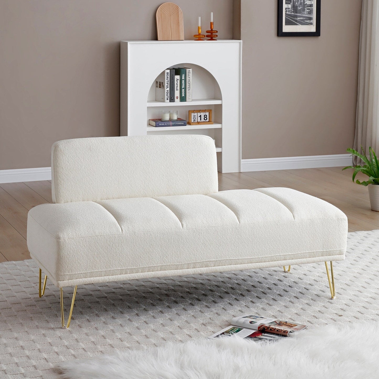 Beige Upholstered Loveseat Bench with Gold Legs