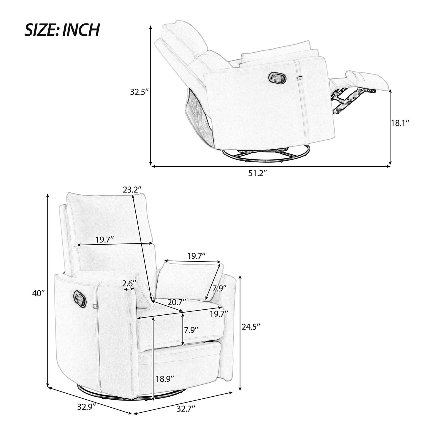 Beige Upholstered Swivel Rocker Recliner with Removable Pillows