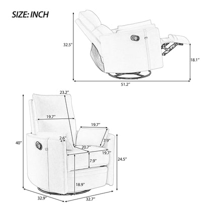 Beige Upholstered Swivel Rocker Recliner with Removable Pillows