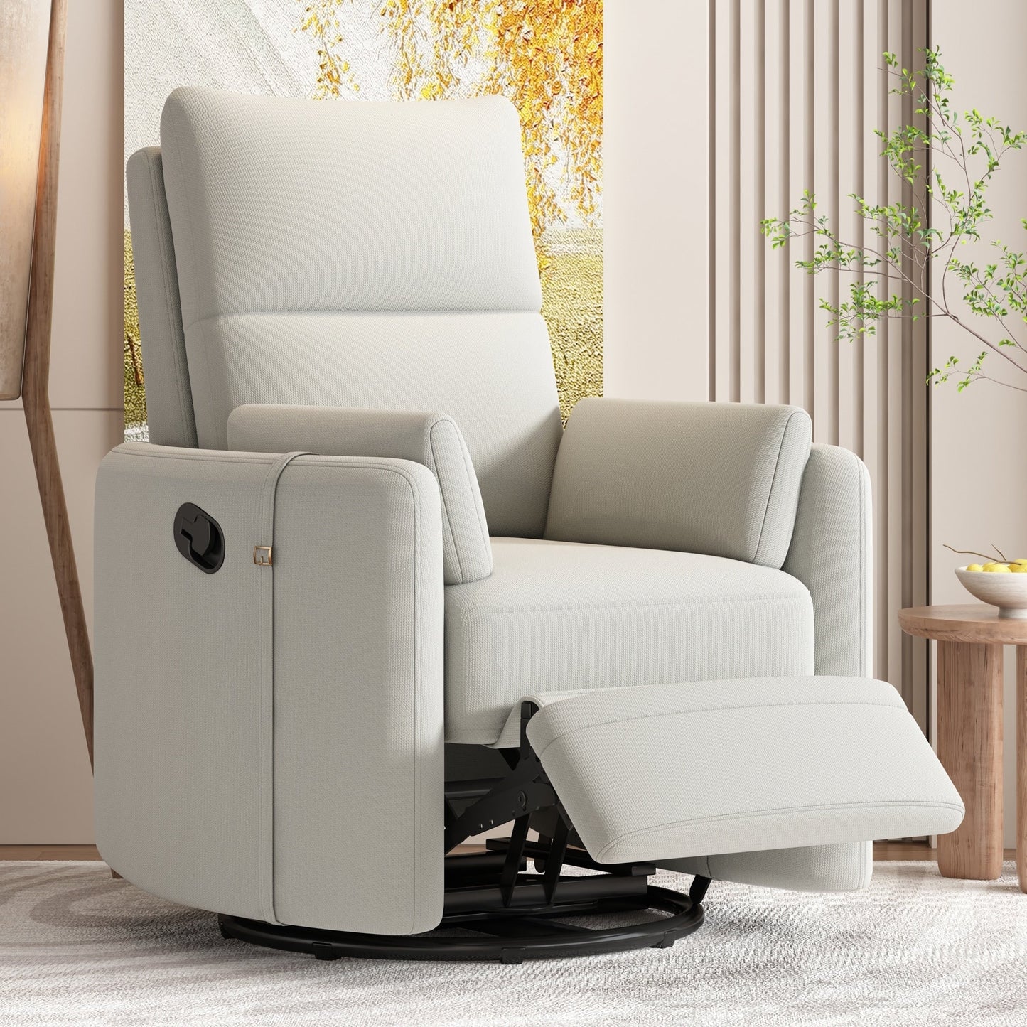 Beige Upholstered Swivel Rocker Recliner with Removable Pillows