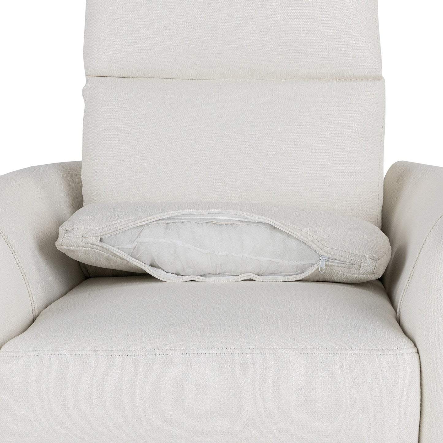 Beige Upholstered Swivel Rocker Recliner with Removable Pillows