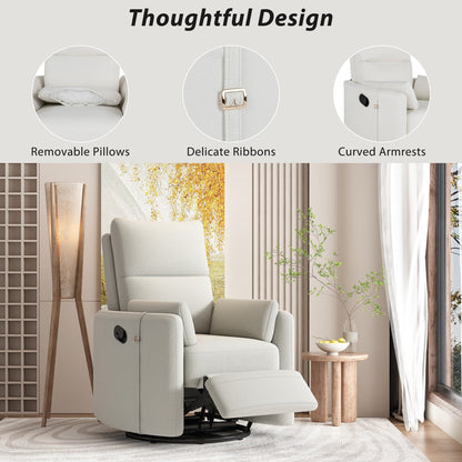 Beige Upholstered Swivel Rocker Recliner with Removable Pillows
