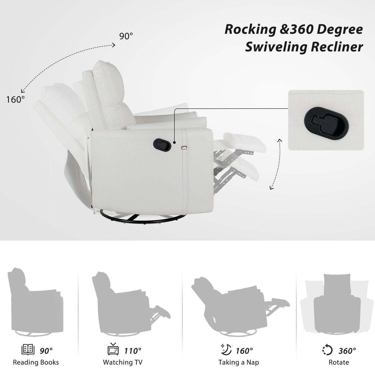 Beige Upholstered Swivel Rocker Recliner with Removable Pillows