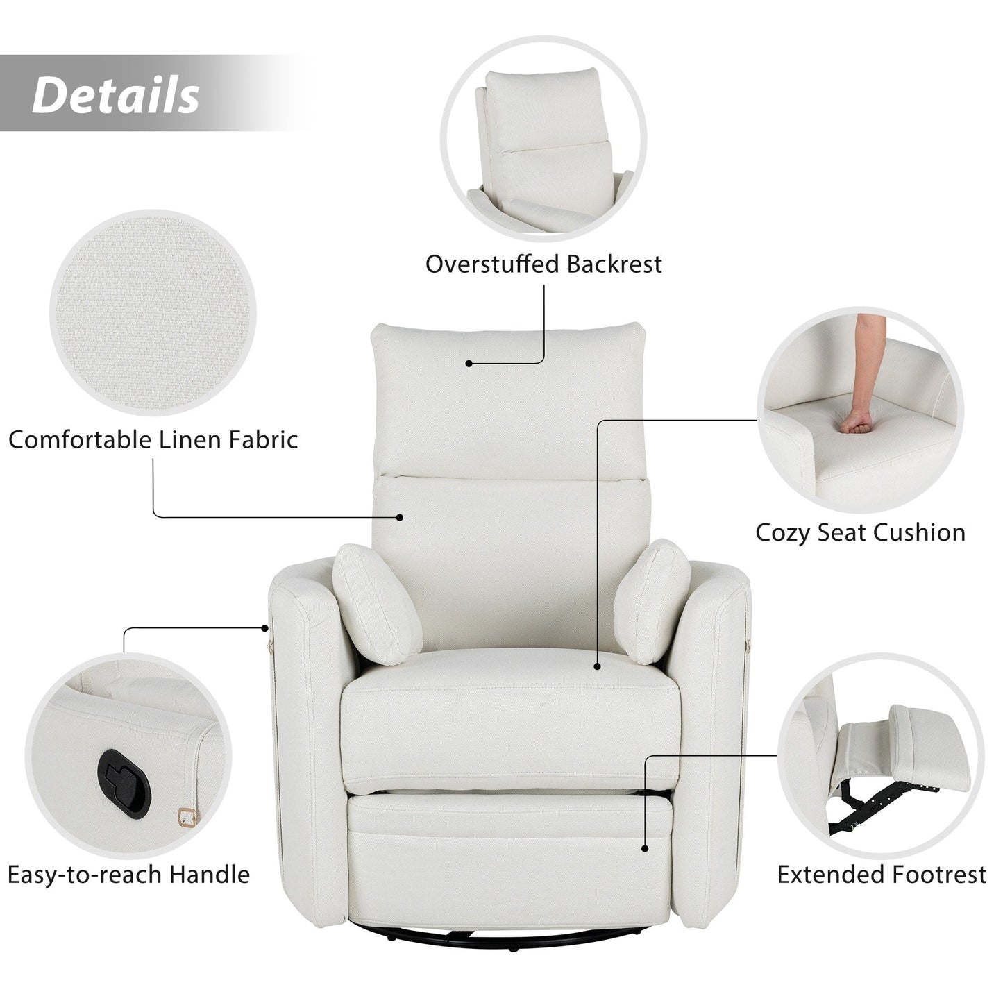 Beige Upholstered Swivel Rocker Recliner with Removable Pillows