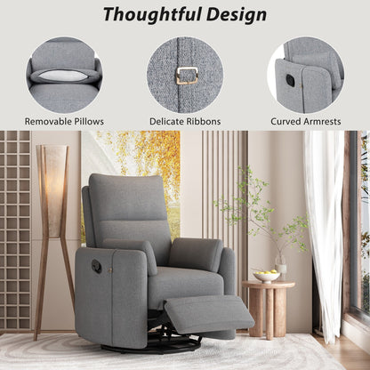 Beige Upholstered Swivel Rocker Recliner with Removable Pillows