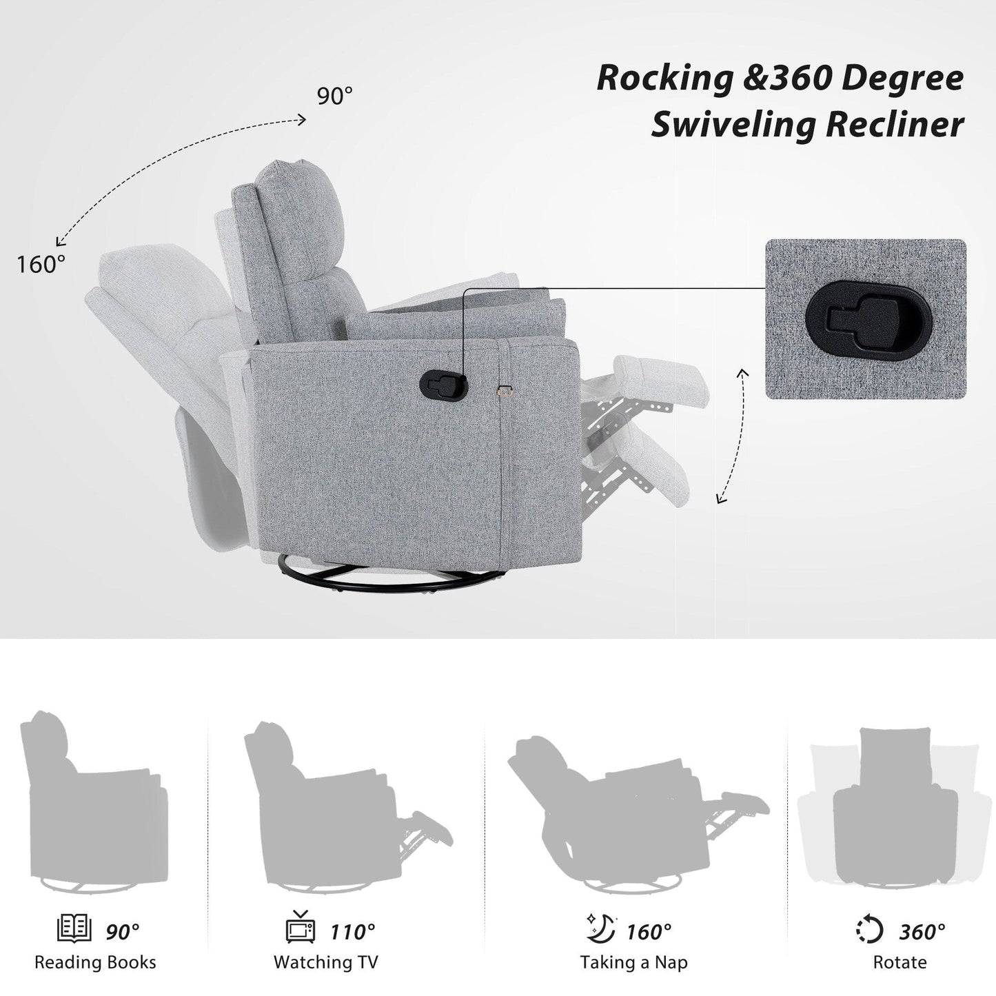Beige Upholstered Swivel Rocker Recliner with Removable Pillows