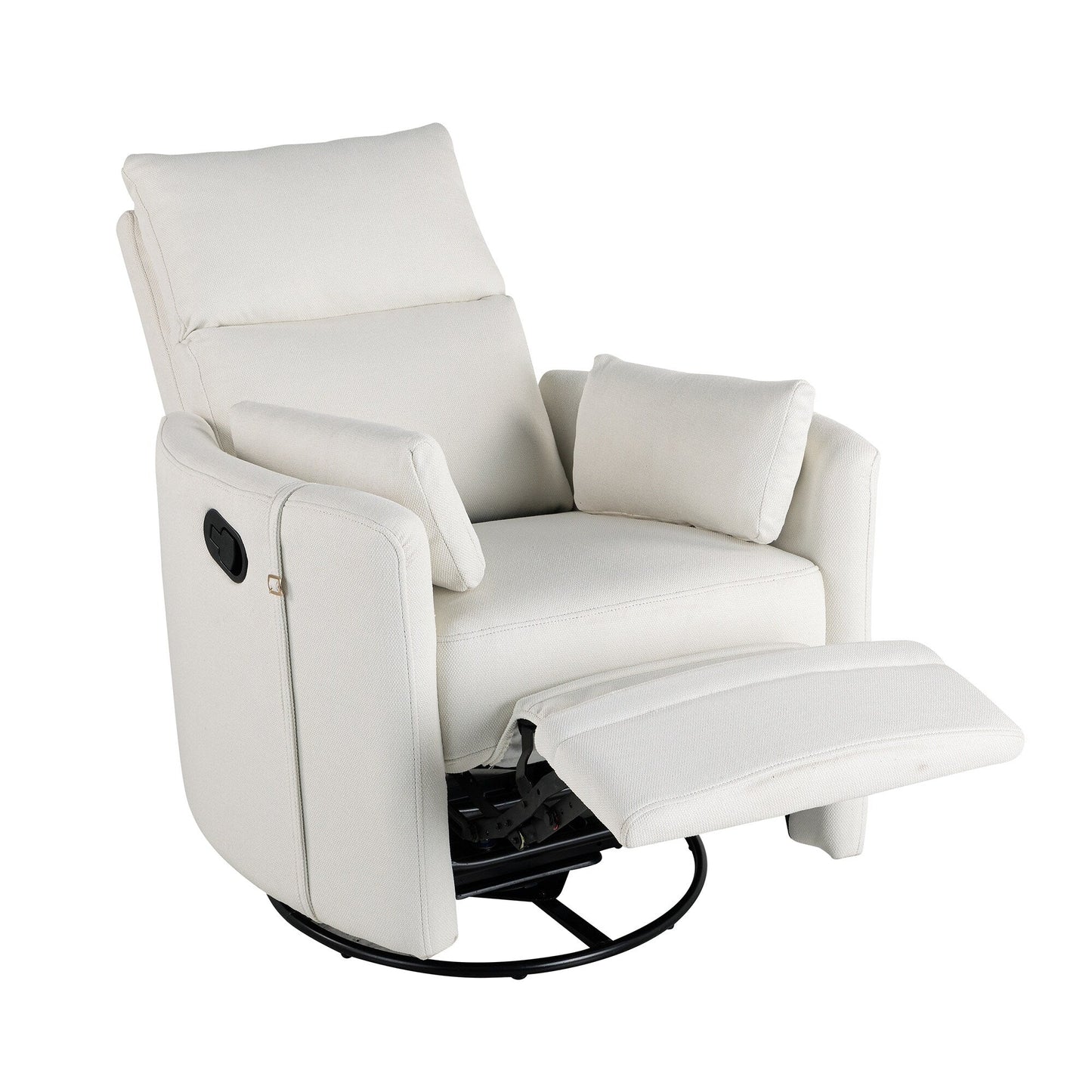Beige Upholstered Swivel Rocker Recliner with Removable Pillows