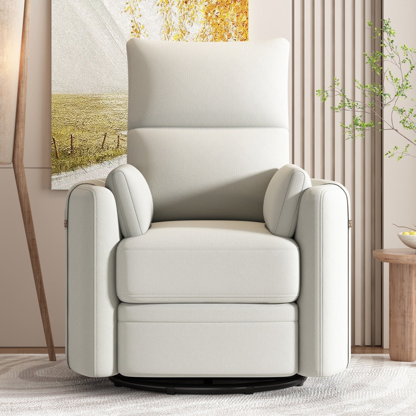 Beige Upholstered Swivel Rocker Recliner with Removable Pillows