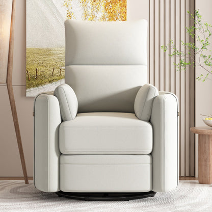 Beige Upholstered Swivel Rocker Recliner with Removable Pillows