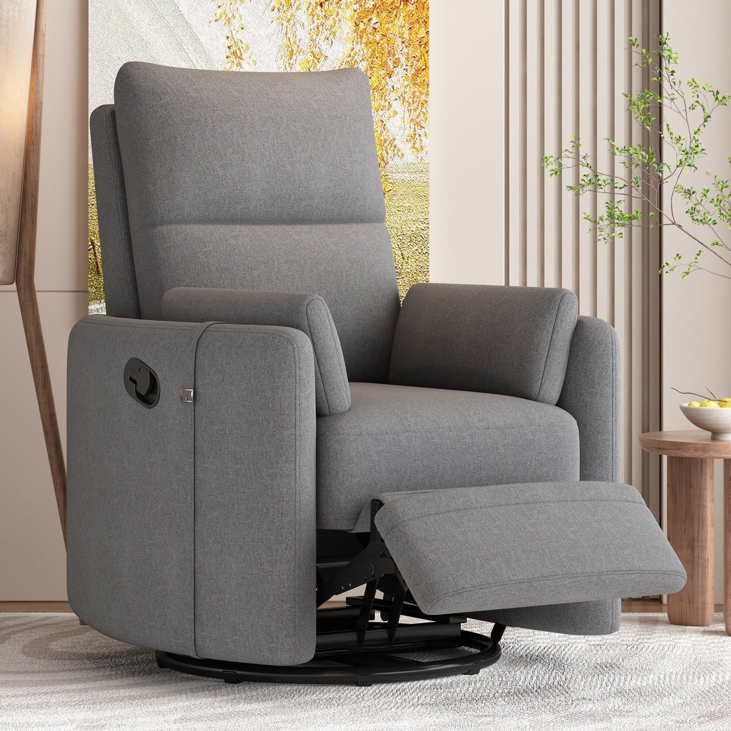 Beige Upholstered Swivel Rocker Recliner with Removable Pillows