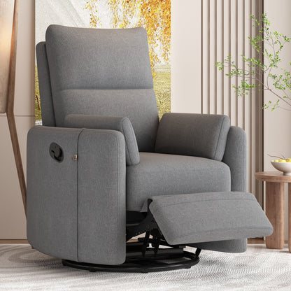 Beige Upholstered Swivel Rocker Recliner with Removable Pillows