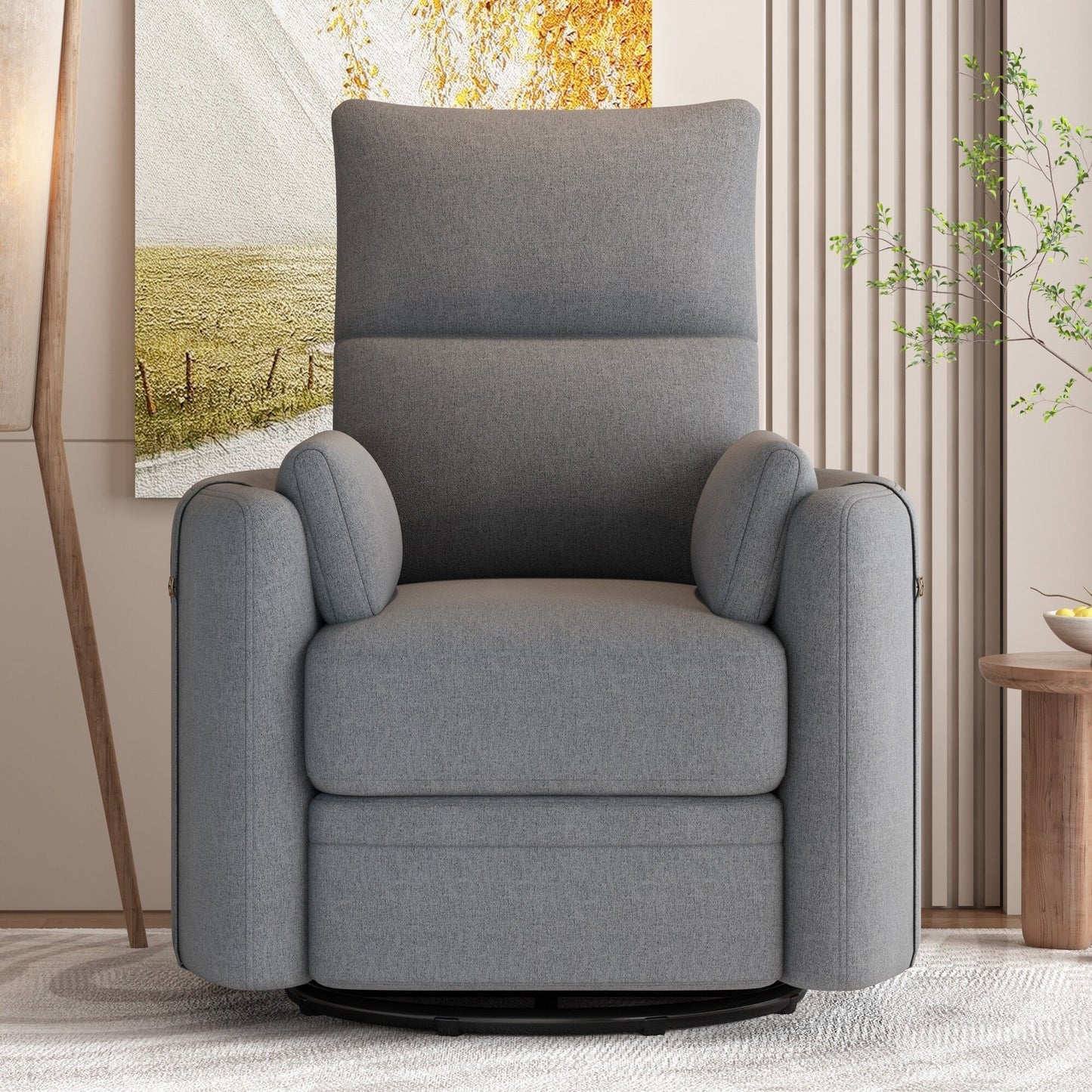 Beige Upholstered Swivel Rocker Recliner with Removable Pillows