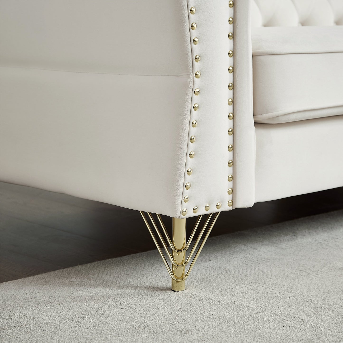 Beige Velvet 3-seater Sofa with Tufted Couch