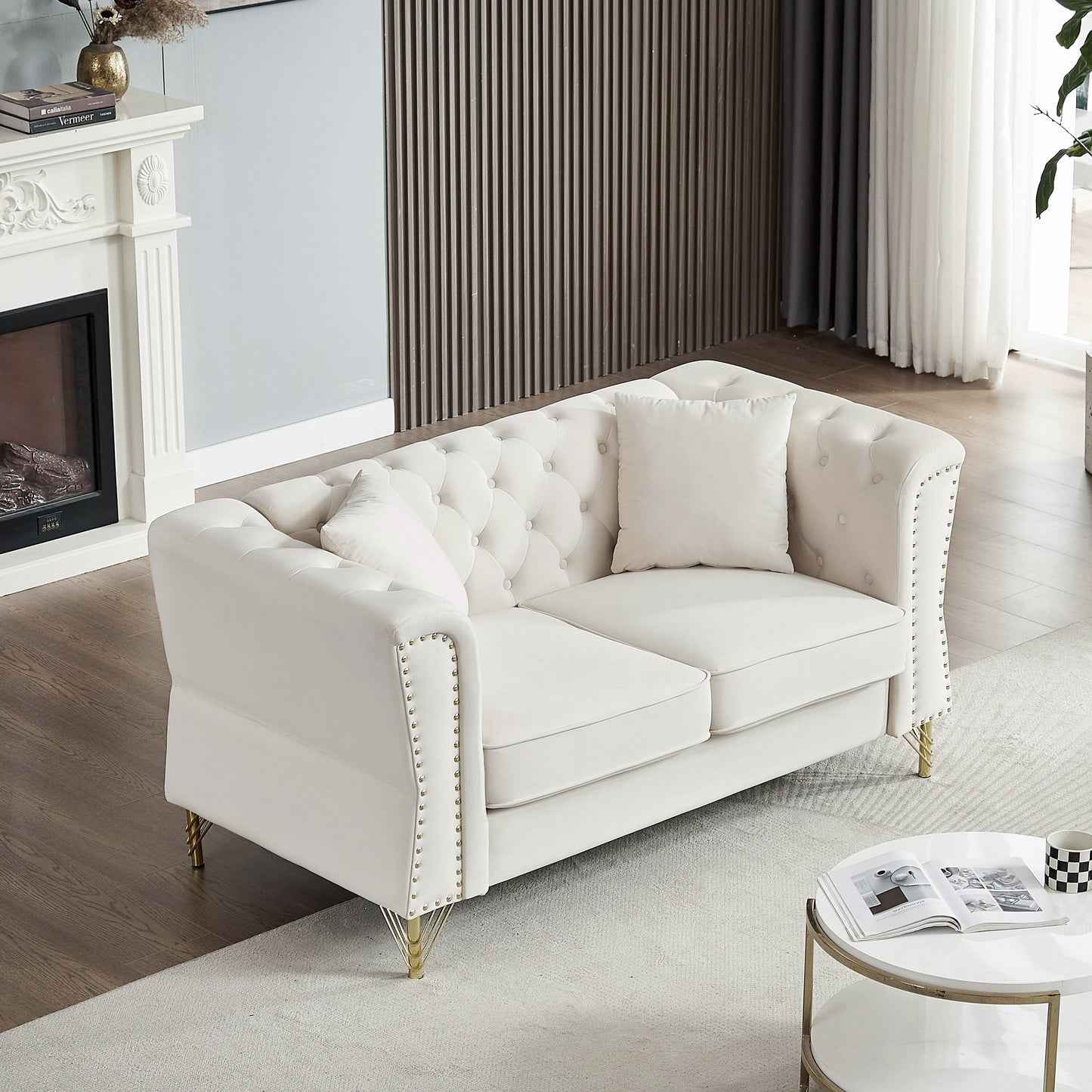 Beige Velvet 3-seater Sofa with Tufted Couch